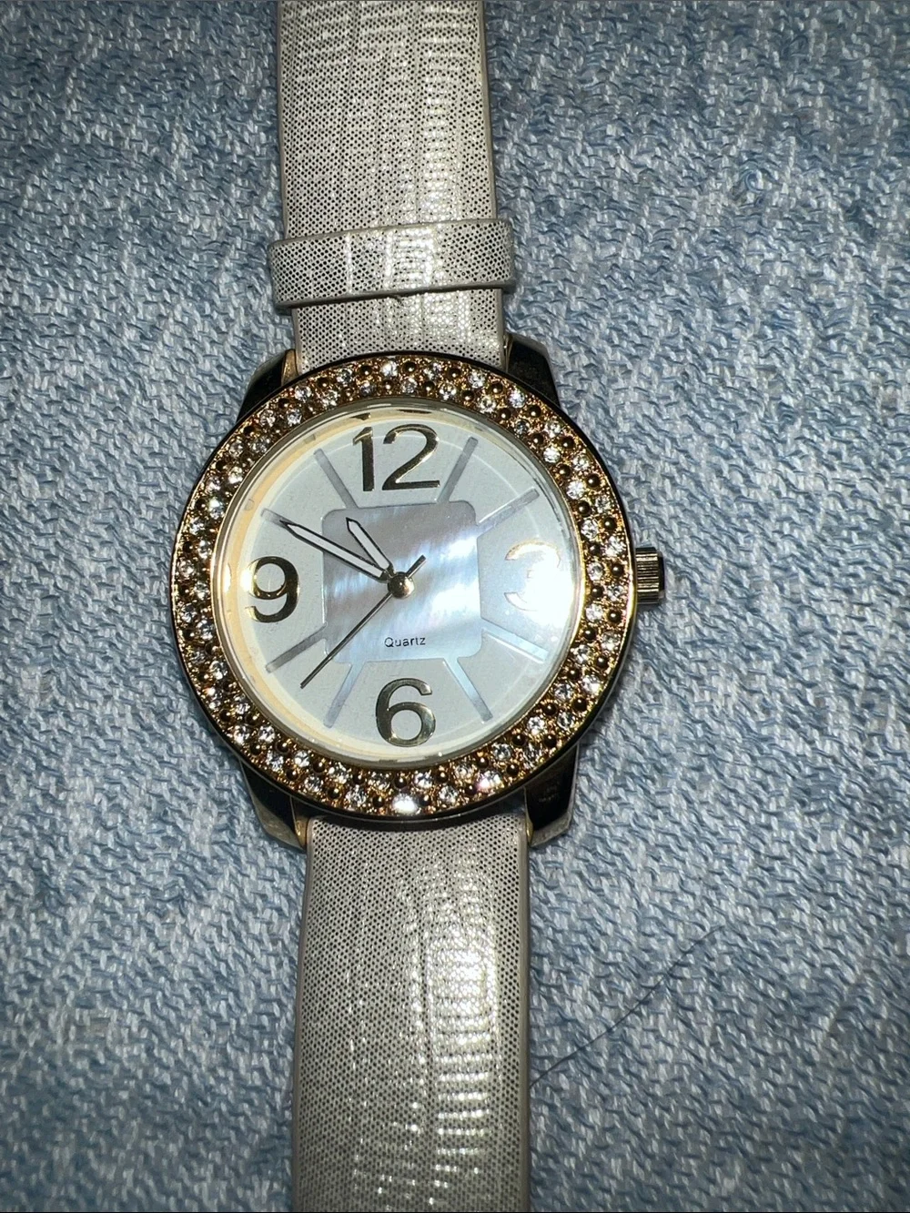 Chico's Silver Leather Strap Watch with Crystal Bezel and Gold Accents